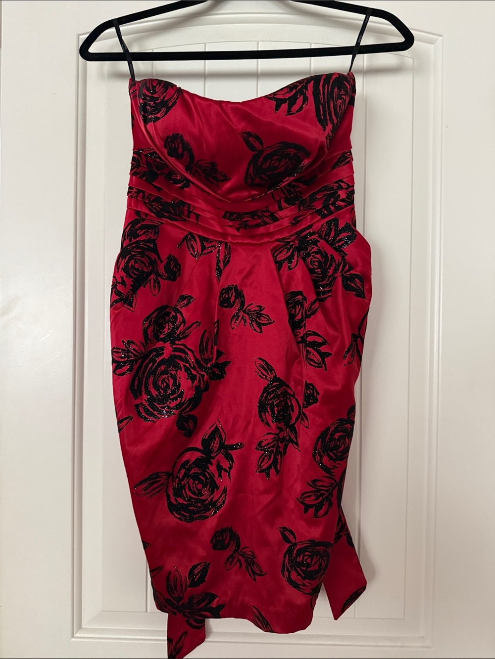 Snap Red Strapless Dress with Black Floral Accents